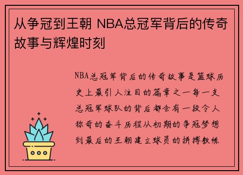 从争冠到王朝 NBA总冠军背后的传奇故事与辉煌时刻